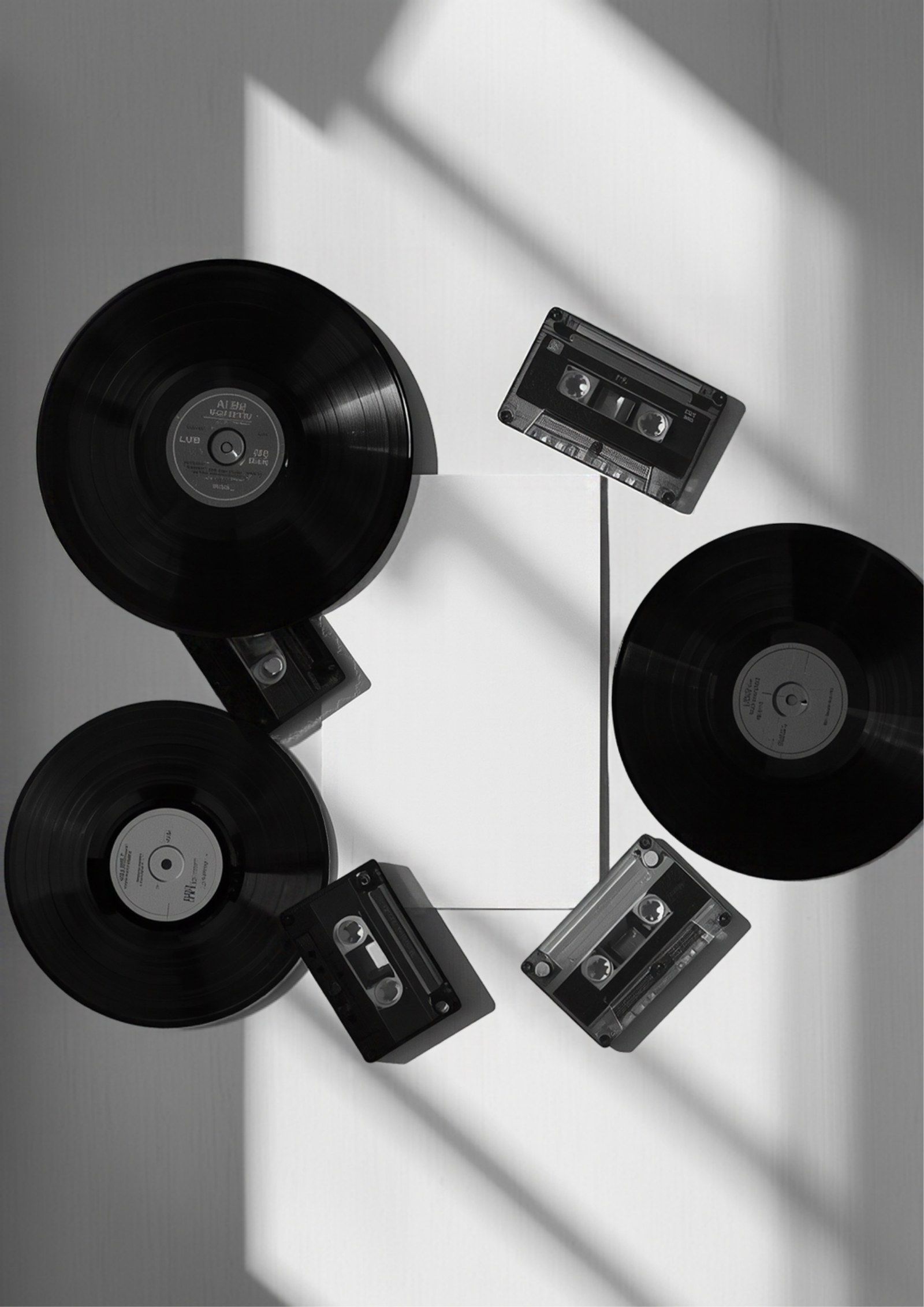 Discos de vinilo y casetes sobre una mesa, luz lateral